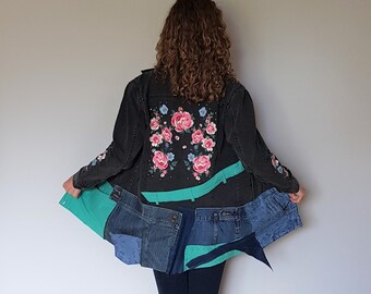 Chaqueta vaquera floral, abrigo largo vaquero reciclado, ropa Y2K, chaqueta vaquera con retazos, chaqueta vaquera Harajuku, ropa de primavera, chaqueta de moda para mujer