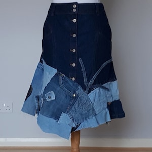 Patchwork denim skirt, Patch denim skirt, Upcycled denim clothes, Upcycled clothing for woman, Long denim skirt, Plus size clothing, Womens