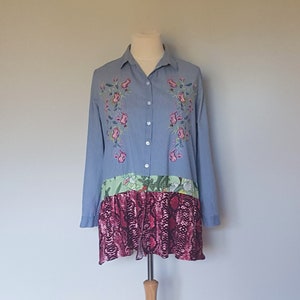 Women&#39;s shirts, Embroidered cotton shirt, Recycled clothes, Bohemian clothing, Upcycle boho tunic top, Upcycled clothing, Floral shirt dress