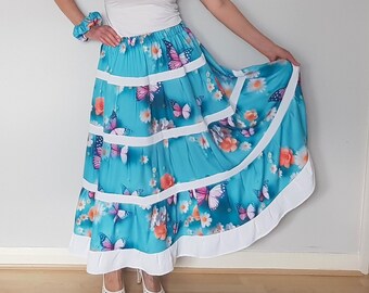 Turquoise skirt, Long floral skirt, Summer skirts for women, Botanical skirt, 3D butterflies skirt, Cottagecore skirt, Bohemian skirt plus,