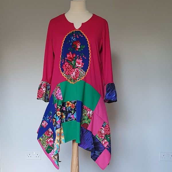 Plus size clothing, Patchwork dress, Asymmetrical tunic, Pink floral dress, Boho dress plus size, Lagenlook dress, Womens clothing, Bohemian