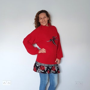 Womens Christmas sweater, Womens Christmas top, Christmas jumper women, Red upcycled tunic dress, Red upcycled pullover, Red and black dress