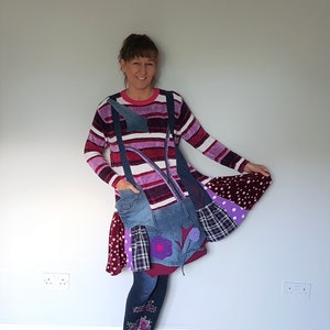 Purple sweater dress, Upcycled denim tunic, Patchwork denim dress, Plus size upcycled clothing, Women tunic winter, Upcycled sweaters, Boho