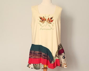 Yellow patchwork top, Sleeveless tunic tops, Upcycled tank top for women, Lagenlook tunic, Upcycled shirt, Top with leaves, Womens swing top