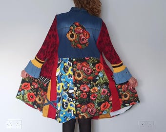 Western dress women, Upcycled denim dress, Plus size boho dress, Upcycled clothing for women, Floral tunic, Patchwork dress, Farmhouse dress