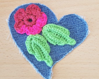 Christmas gift, Stocking filler, Upcycled clothing patch, Recycled denim patches, Heart sew on patch, Slow stitch ornament, Ripped denim,
