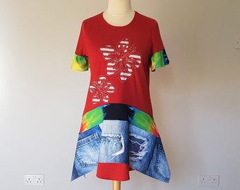 Upcycled clothing for women, Women's tunics, Boho clothing, Upcycle womens clothes, Lagenlook tunic dress, Long red top, Ripped denim, Patch