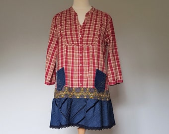 Upcycled top for women, Recycled denim tunic, Denim clothing, Upcycled red check shirt, Plus size clothing, Boho tunic plus, Woman Handmade
