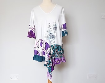 Summer shirt for women, Upcycle clothing, Plus size boho top, Womens tunic dress, White and purple top, Plus size upcycle, Floral summer top