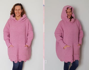 Pink hooded sweater, Crochet oversized hoodie, Crochet chunky jumper, Handmade crochet poncho, Pink oversized hooded jumper, Lolitafashion,