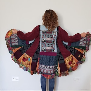 Upcycled denim duster, Recycled clothing, Womens coats, Patchwork jacket women, Swing jacket