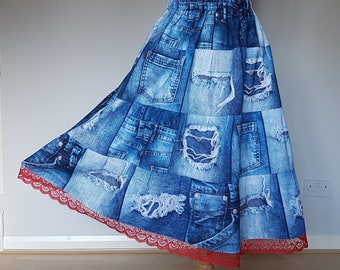 Denim patchworkrok, zomerdameskleding, rokken voor vrouwen, boho spijkerrok, lange boho-rok, patchwork rok met ruches, boho