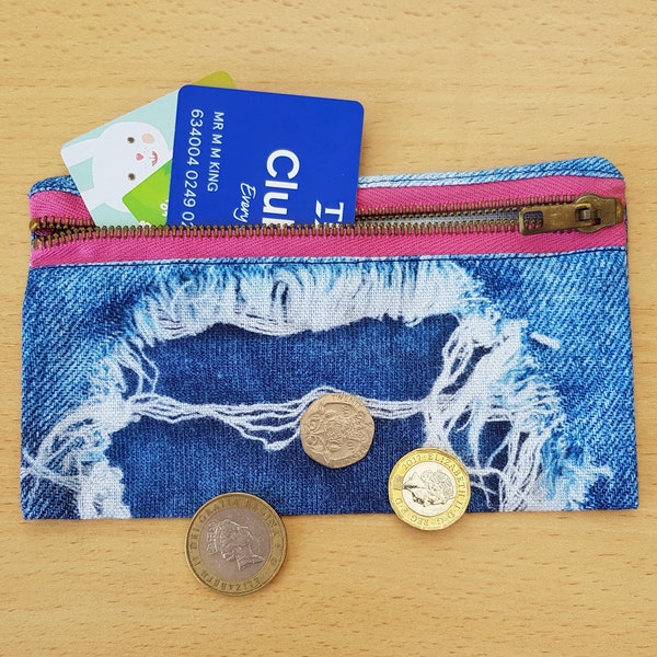 Gift for her, Birthday present, Denim pencil case, Denim coin purse, Zipper pouch wallet, Money pouches, Ripped denim look like coin purse,