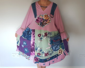 Patchwork dress, Women's clothing, Plus size clothes, Upcycled clothing for women, Plus size boho dress, Spring clothes, Dresses for women