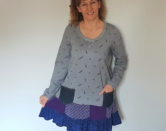 Tunika-Oberteile für Frauen, Upcycled Kleid Tunika, Patchwork Tunika Kleid, Plus Größe Upcycle Sweatshirt, Upcycled Kleidung für Frauen, Graue Kleidung