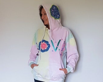 Pastel rainbow hoodie, Y2K clothing, Upcycled sweatshirt, Love hoodie, Y2k oversized hoodie, Women trendy sweatshirts, Plus size clothing,