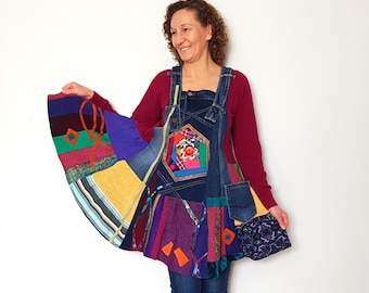 Boho Patchwork Denim Tunic Dress, Upcycled Clothing, Colourful Handmade Tunic, Festival Outfit, One of a Kind Dress, Boho clothing, Harajuku