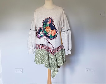 Beige long sleeved tops for women, Plus size cotton top, Fall clothing women, Asymmetrical tunic, Handmade patchwork dress, Upcycled clothes