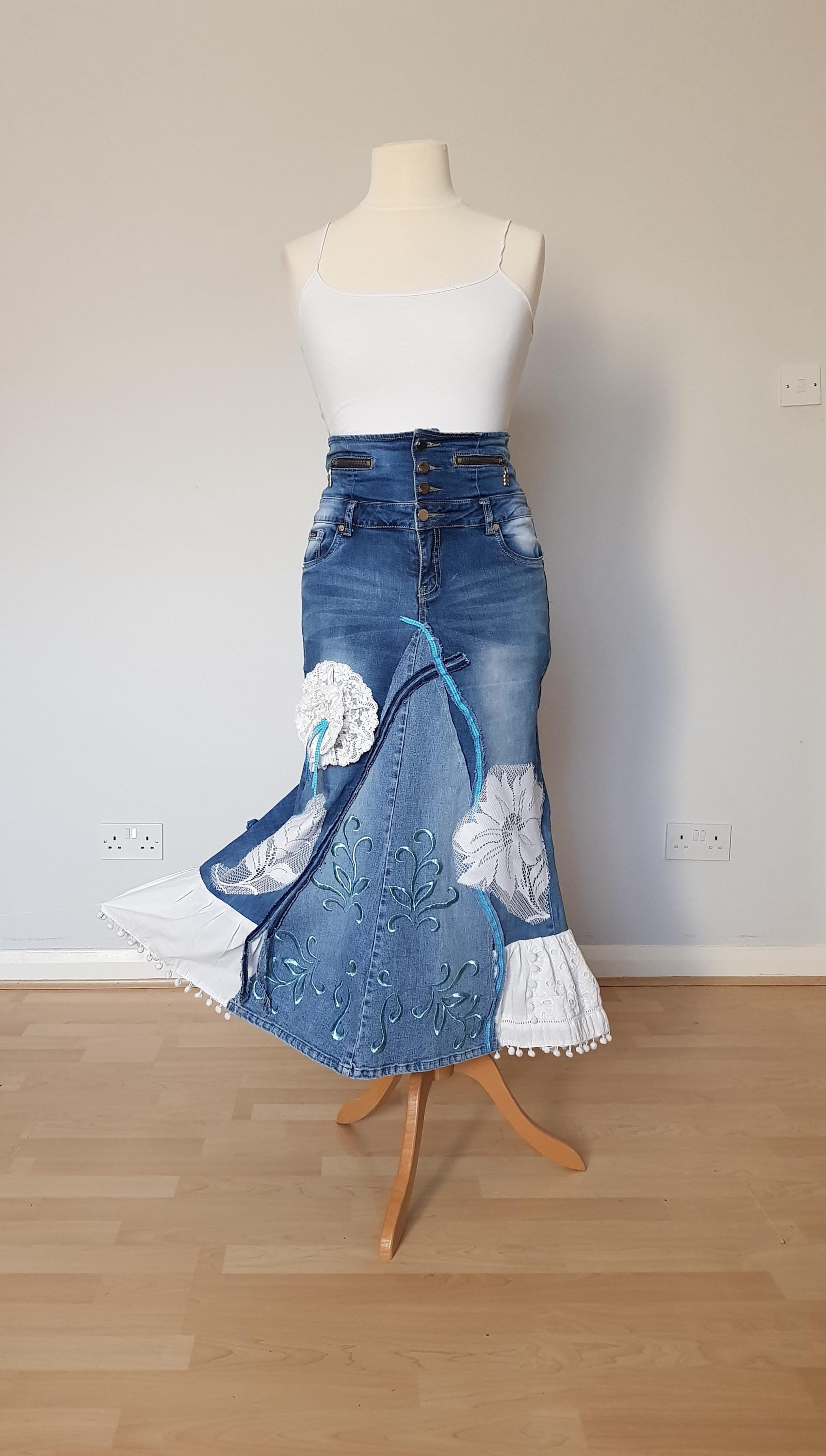Embroidered Denim Skirt, Patchwork Denim Skirt, Patch Denim Skirt