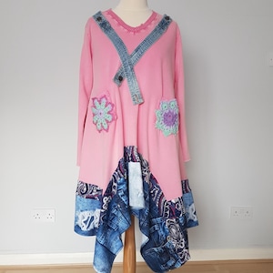 Sweatshirt dress, Long pink dress, Pink upcycled tunic, Lagenlook plus size, Upcycled clothing for women, Denim tunic dress, Plus size boho