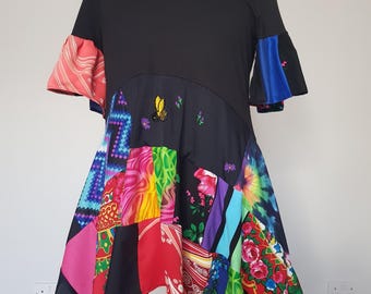 Rainbow tunic top, Upcycled clothing for women, Short sleeve tunic, Women floral top, Upcycled boho clothing, Patchwork tunic top, Bohemian