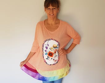 Plus Size Rainbow Tunic Top, Upcycled Boho Patchwork Shirt, Artsy Loose Fit Top, Unique Statement Clothing for Women