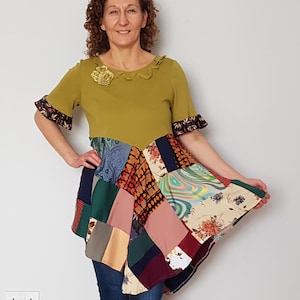 Upcycled Patchwork Tunic Top, Mori Kei Boho Blouse, Asymmetrical Top, Sustainable Women’s Clothing, Handmade One-of-a-Kind Eco Fashion UK