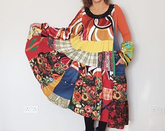 Vestidos occidentales para mujer, ropa reciclada, vestido de patchwork, vestido vaquero reciclado, ropa de tallas grandes para mujer, vestido largo floral, vestidos de atardecer,
