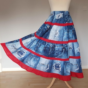 Cowgirl skirt, Western skirt long, Ripped denim look like skirt, Denim patchwork skirt, Distressed denim skirt, Plus size skirts, Boho skirt