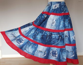 Cowgirl skirt, Western skirt long, Ripped denim look like skirt, Denim patchwork skirt, Distressed denim skirt, Plus size skirts, Boho skirt