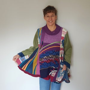 Upcycled sweater tunic, Womens tunic tops, Pls size clothing, Upcycle denim shirts, Recycle clothes, Patchwork clothing, Upcycle tunic dress