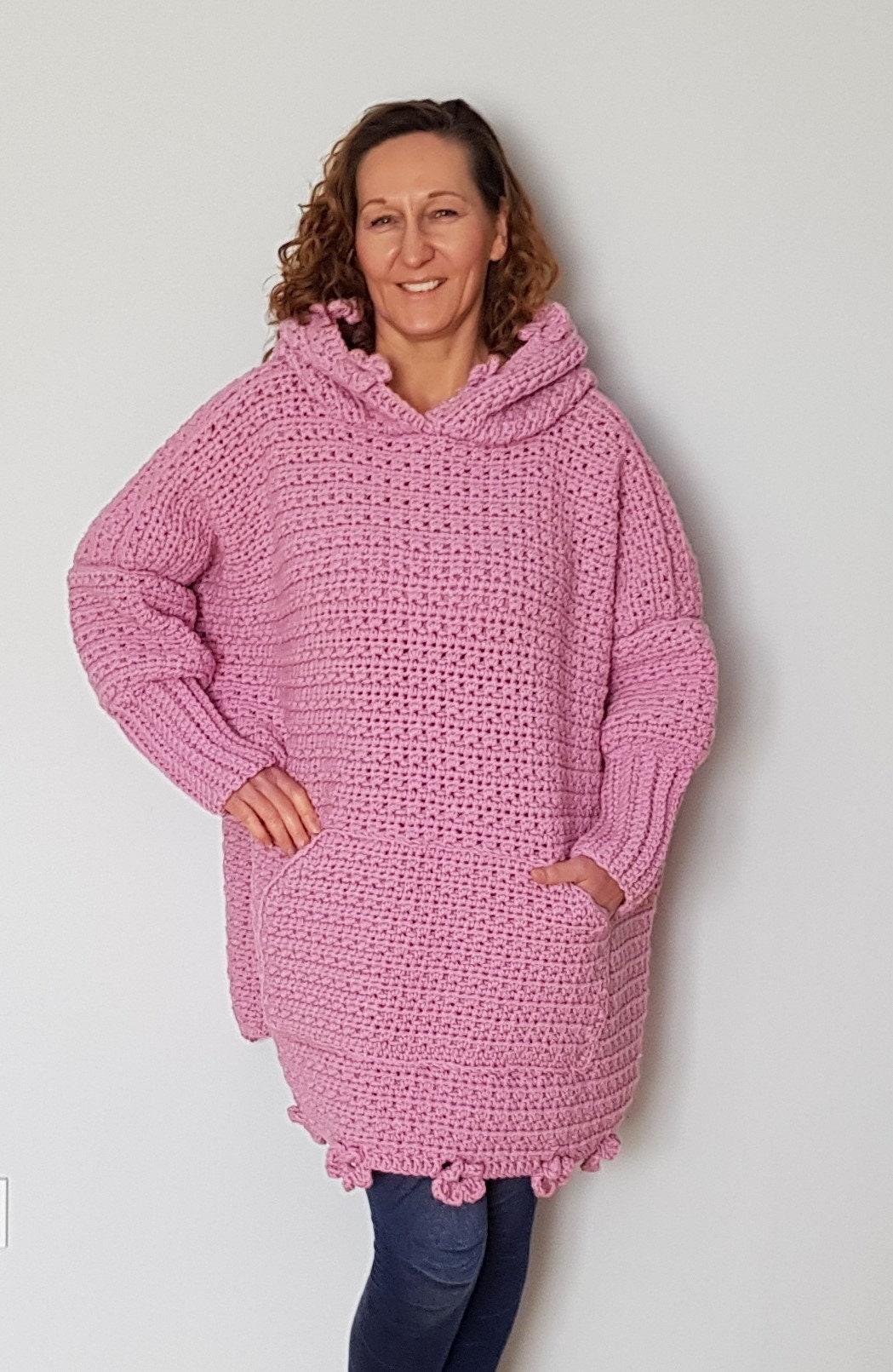 Pink Hooded Sweater, Crochet Oversized Hoodie, Crochet Chunky