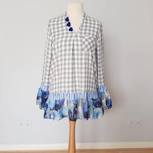 Cotton and linen womens tops, Upcycled tunic women L, Women&#39;s tunic tops, Long sleeve summer top, Upcycled clothes, Long sleeve top check,