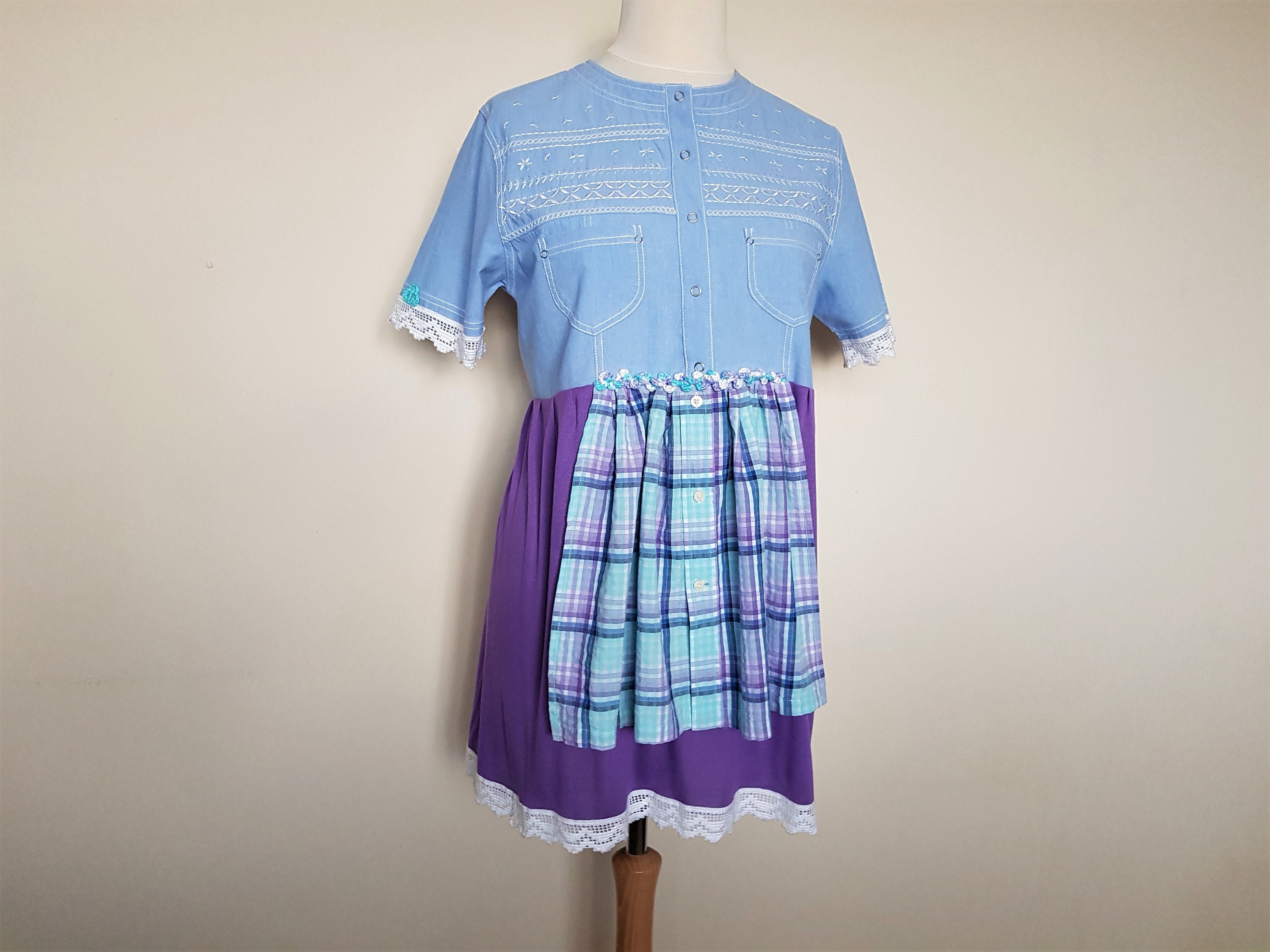 Image of Upcycled Boho Tunic Clothing Bohemian Shirtdress Womens Clothes Cottage Chic Boho Tops Romantic Top Pastel