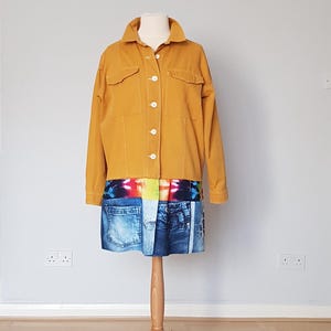 Mustard denim jacket, Upcycled jacket for women, Upcycled clothing, Plus size denim jacket, Upcycled boho clothes, Patchwork denim print,