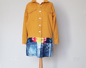 Mustard denim jacket, Upcycled jacket for women, Upcycled clothing, Plus size denim jacket, Upcycled boho clothes, Patchwork denim print,