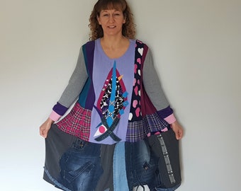 Sukienka z denimu z patchworkiem, Ubrania z recyklingu dla kobiet, Ubrania w dużych rozmiarach, Ponczo z denimu z recyklingu, Ubrania w stylu boho, Swetry z recyklingu, Ubrania damskie