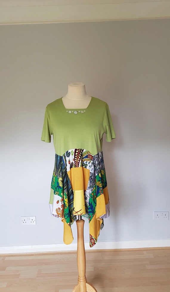 Xl Womens Dress, Rainbow Dress Tunic, Green Tunic, Upcycle Tunic Tops for Women, Upcycled Clothing for Women, Bohemian Dress, Boho Clothes