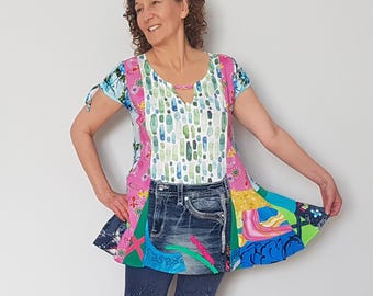 Túnica de patchwork reciclada, ropa para festivales, ropa reciclada, tops vaqueros para mujer, ropa de verano arcoíris, camisa Cutecore, túnica bohemia