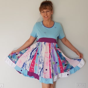 Upcycled clothing for women, Rainbow shirtdress, Bohemian clothing, Upcycle dresses for women, Blue boho clothes, Blue floral dress, Purple