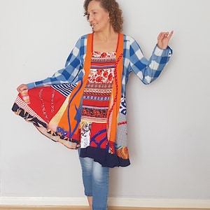 Plus Size Rainbow Tunic Top, Upcycled Boho Patchwork Shirt, Lagenlook tunic, Unique Clothes for Women, Long sleeve shirt dress, Blue and red