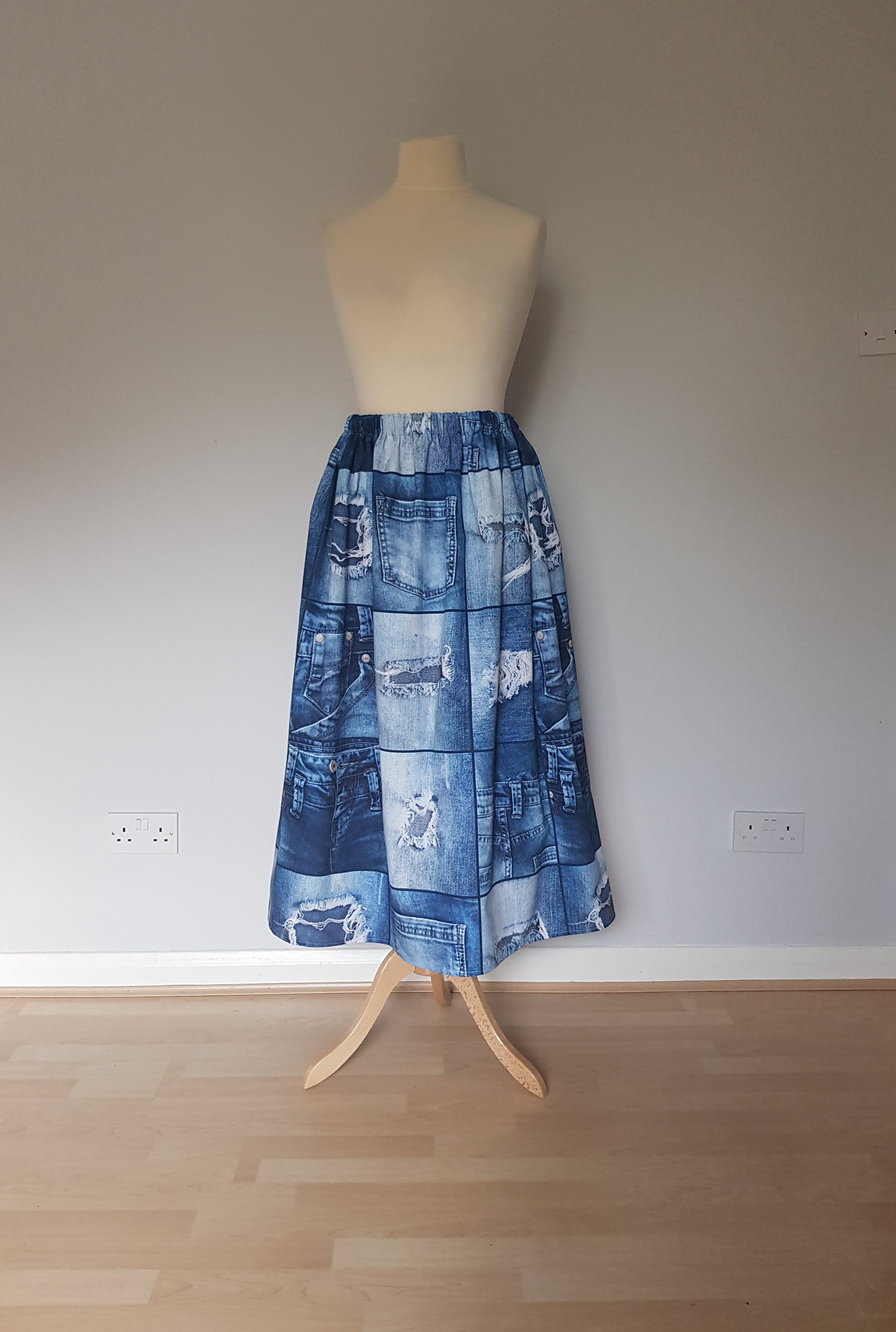 Image of Denim Patchwork Skirt For Women Ripped Denim Hippie Plus Size Clothing Long Boho Maxi Skirts Bohemian
