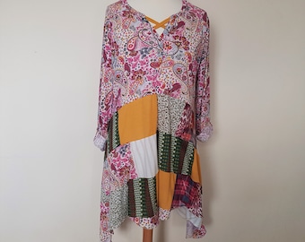 Lagenlook plus size clothing, Upcycled tunic, Recycled clothes, Plus size dresses, Refashioned shirtdress, Boho dress, Patchwork tunic dress