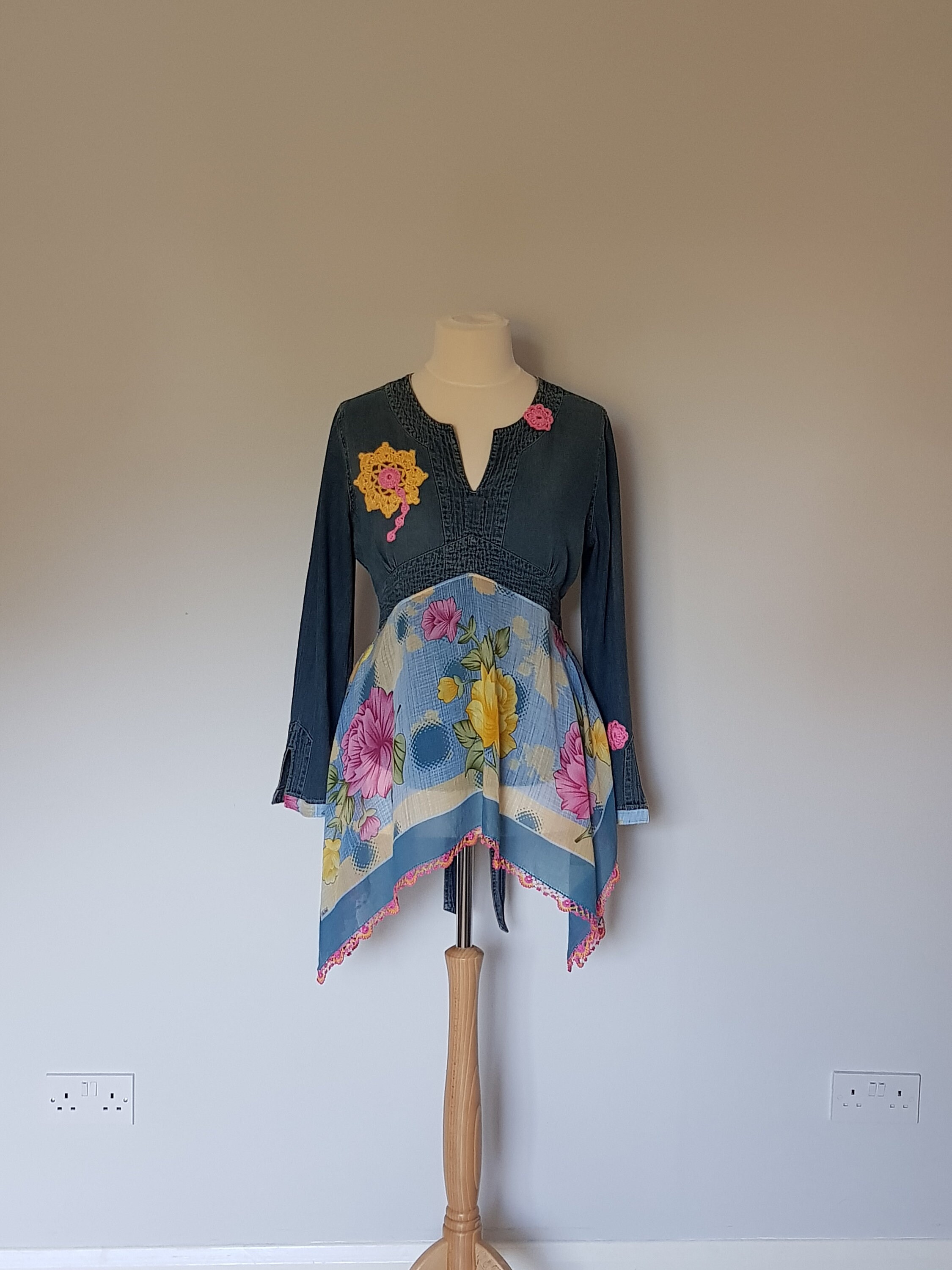 Image of Bohemian Tunic Tops Boho Clothing Womens Plus Size Denim Recycled Top Plus Upcycled For Women Hippie Clothes