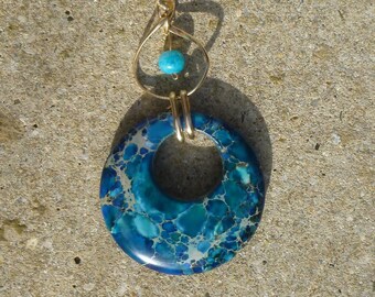 Large gold pendant with blue stones - full gold 14 cts - turquoise blue stone ring - turquoise pearl - original - bcbg