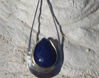 Beautiful lapi lazuli pendant - sterling silver - real gem - modern design - large indigo blue pendant