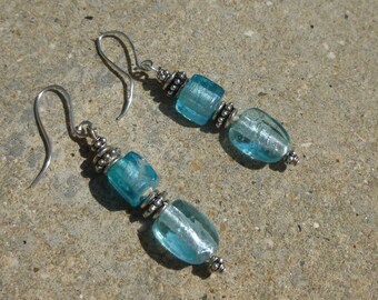 Long light blue earrings - glass bead earrings - ethnic earrings - blue pendants