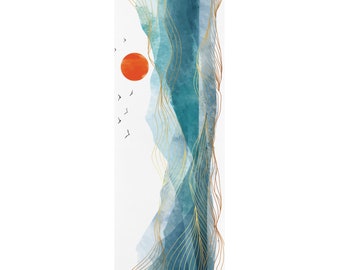 May include: A yoga mat with a watercolor design of blue and green mountains with gold lines and a red sun in the upper left corner.