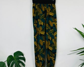 Vintage 90s Black Green Yellow Leaf Print Trousers 6 8