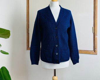 Vintage 70s Navy Blue Acrylic Knit Cardigan Pockets M